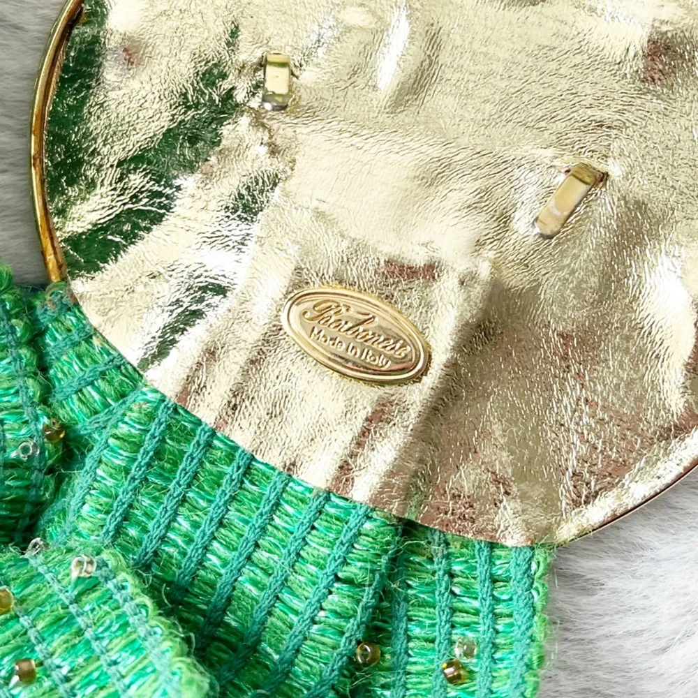 BORBONESE Vintage 1980s Green Stretchy Beaded Belt with Gold Tone Clasp